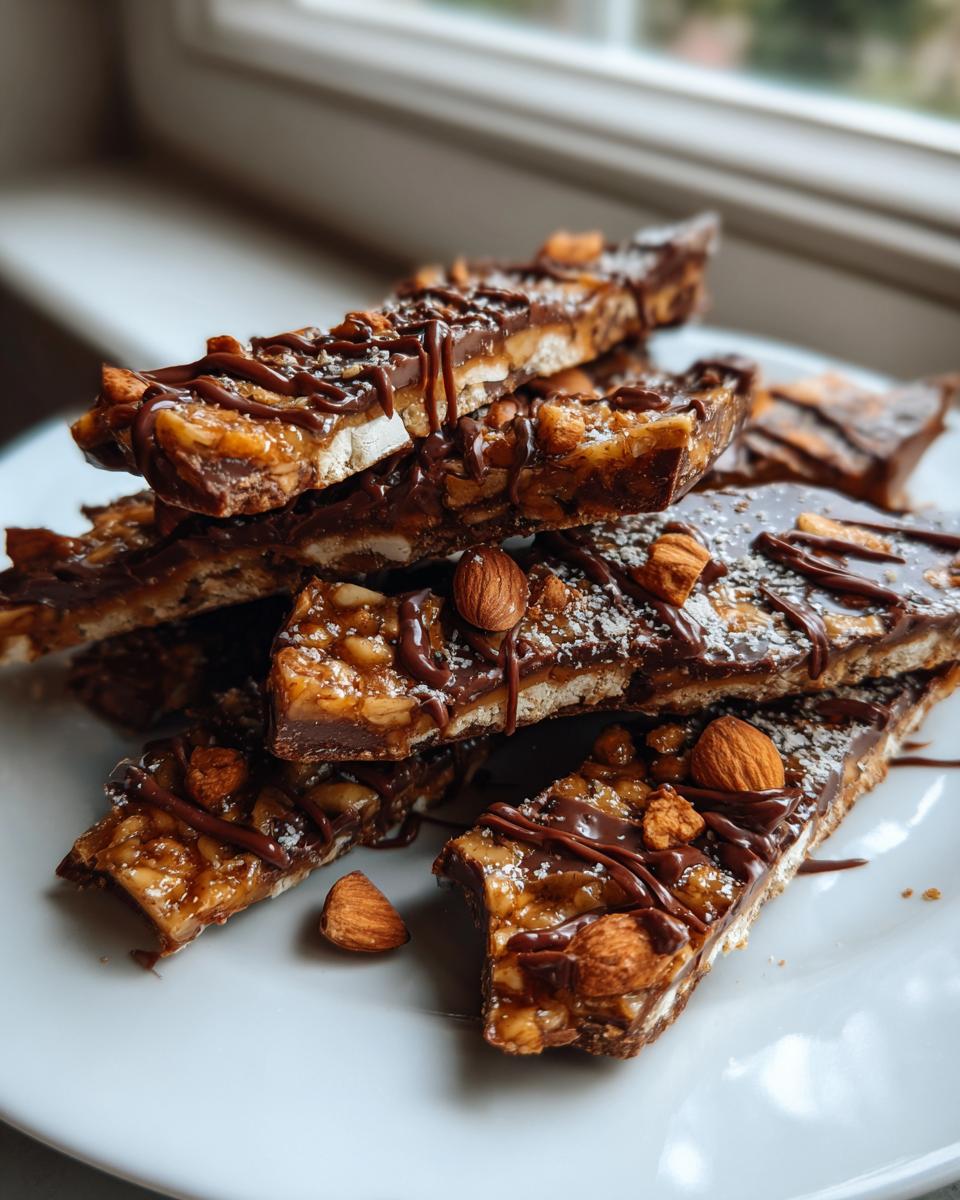A stack of homemade English toffee bars topped with chocolate drizzle, almonds, and a sprinkle of coconut.