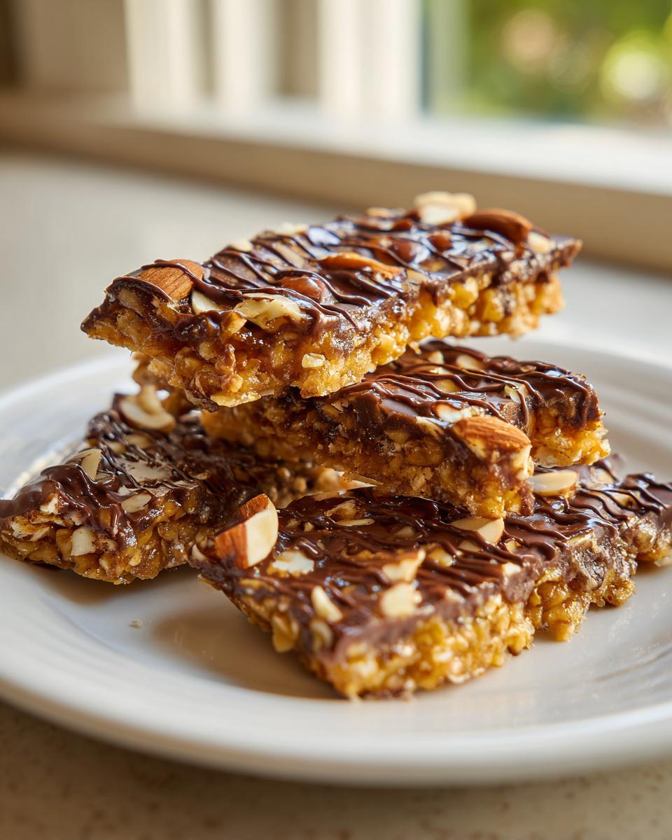 A stack of rich English toffee bars topped with melted chocolate and sliced almonds.
