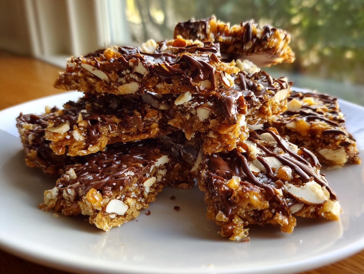 A stack of homemade English toffee bars topped with chocolate drizzle and sliced almonds.