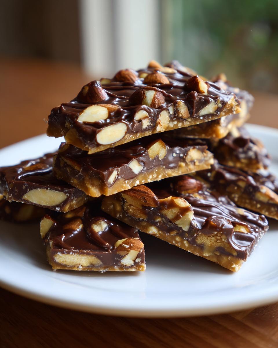 A stack of delicious English toffee bars topped with melted chocolate and chopped almonds.