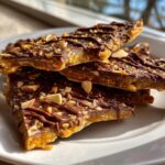 Close-up of broken pieces of English toffee, topped with melted chocolate and chopped almonds.