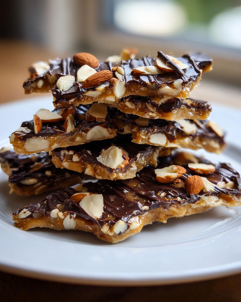 A stack of homemade English toffee pieces topped with melted chocolate and chopped almonds.