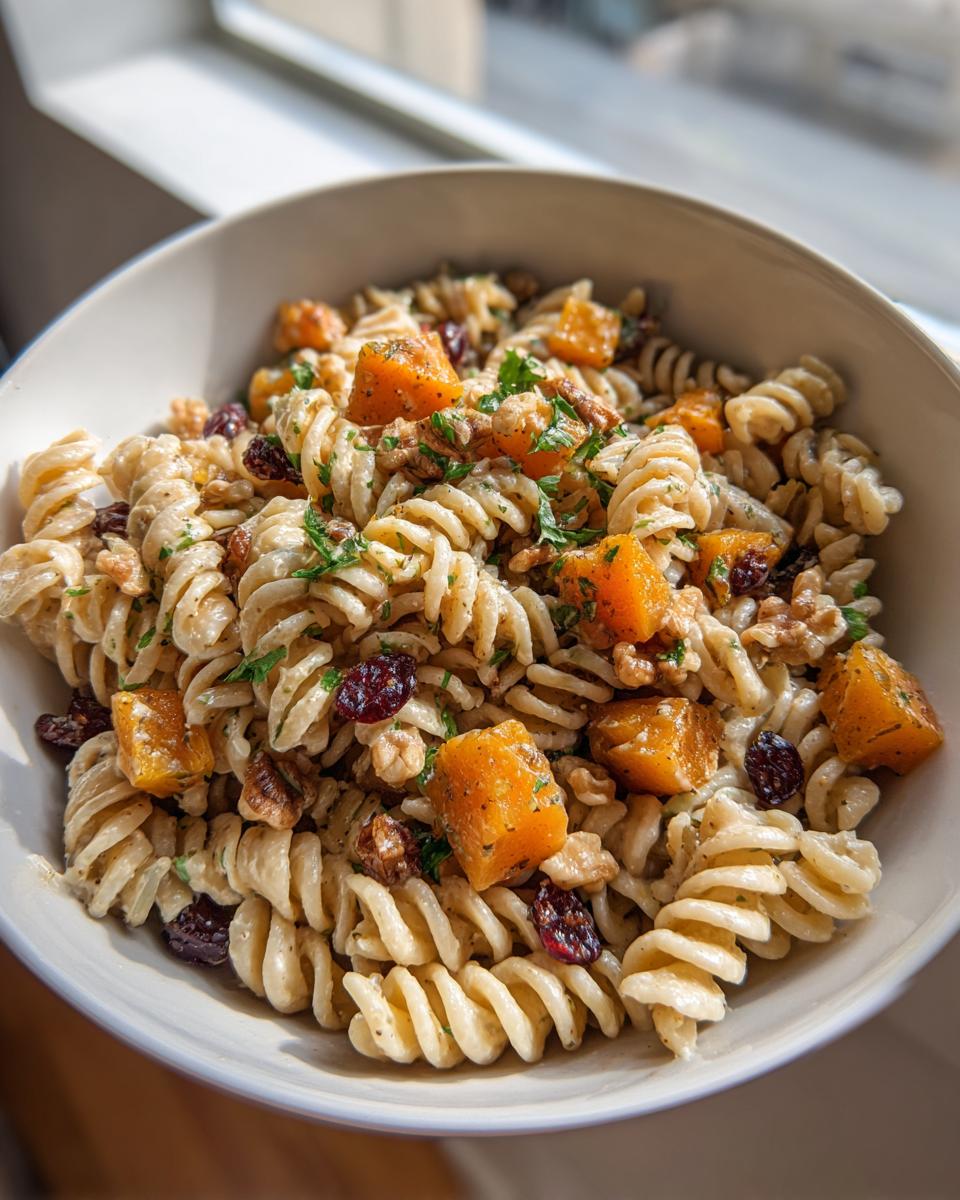 Close-up of a bowl of fall pasta salad featuring fusilli pasta, roasted butternut squash cubes, cranberries, and walnuts, garnished with parsley.