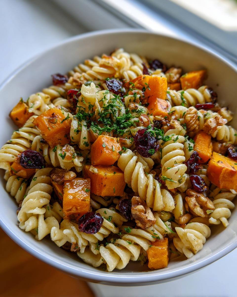 A close-up of a bowl of fall pasta salad featuring fusilli pasta, roasted butternut squash cubes, dried cranberries, and walnuts, garnished with fresh parsley.