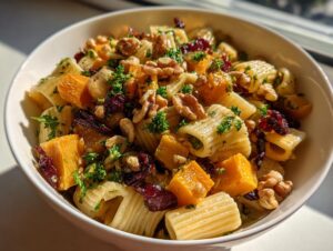 A bowl of fall pasta salad featuring rigatoni, roasted butternut squash, dried cranberries, and walnuts, garnished with parsley.