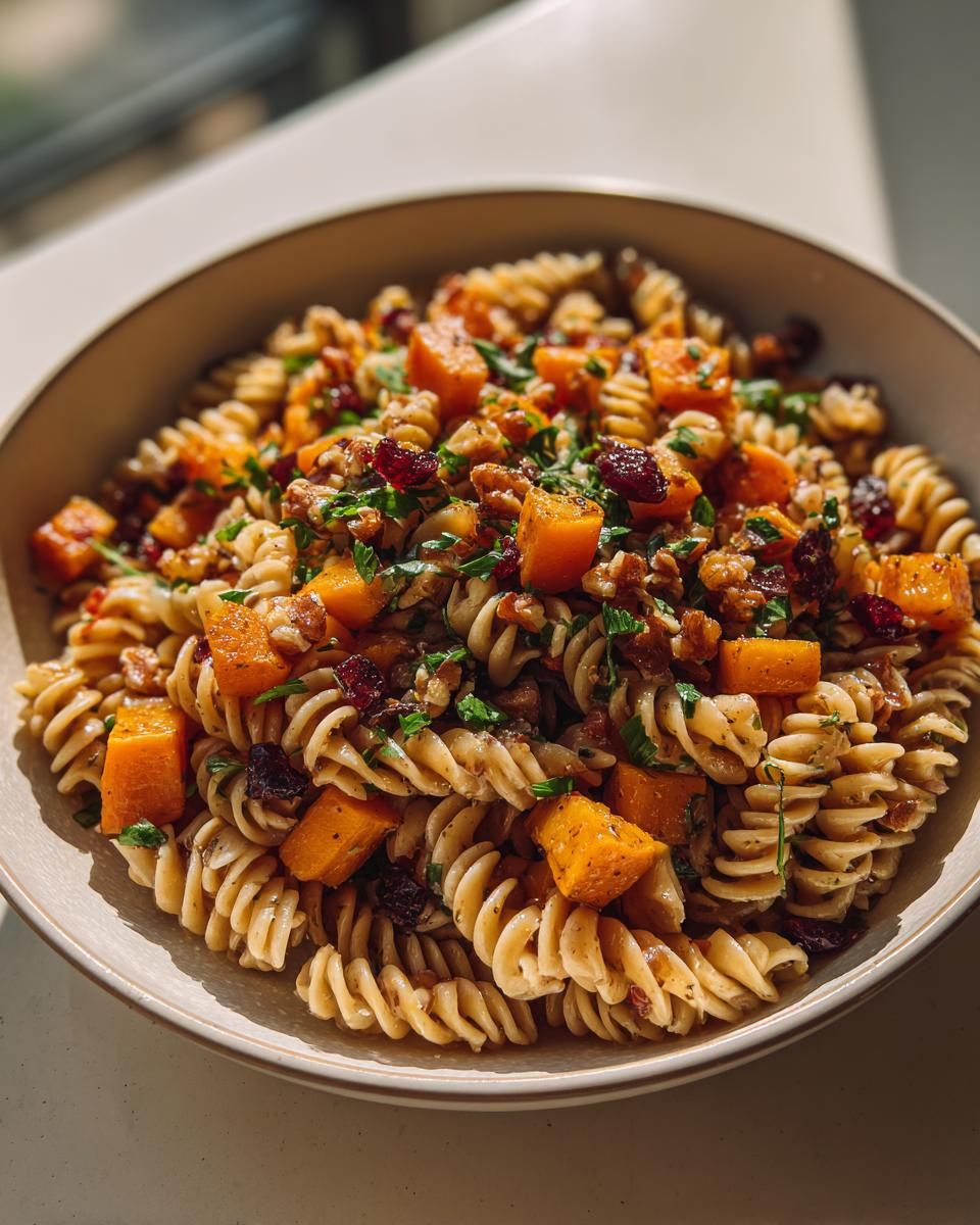A close-up of a bowl of fall pasta salad featuring rotini pasta, cubed butternut squash, cranberries, walnuts, and parsley.