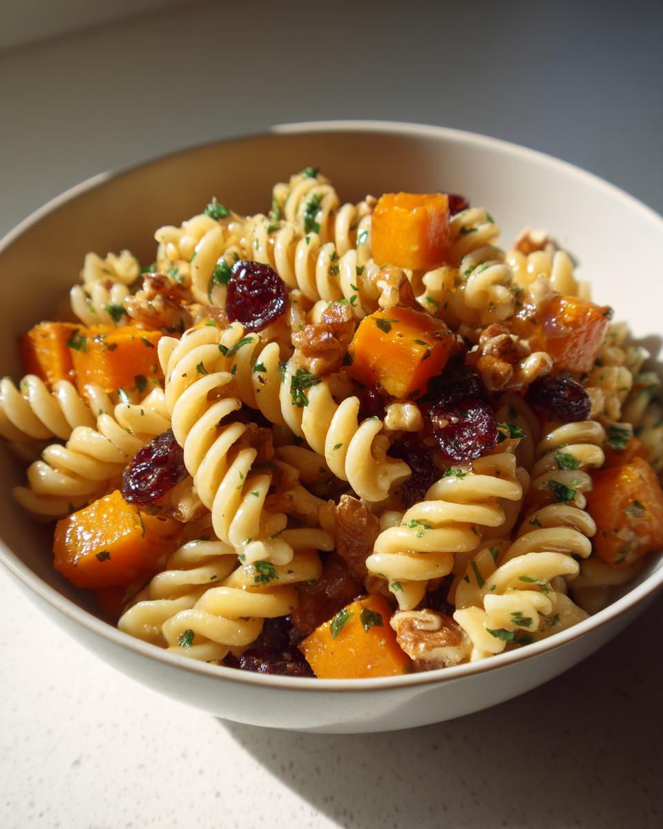 A close-up of a bowl of fall pasta salad featuring rotini pasta, roasted butternut squash cubes, dried cranberries, and chopped walnuts.