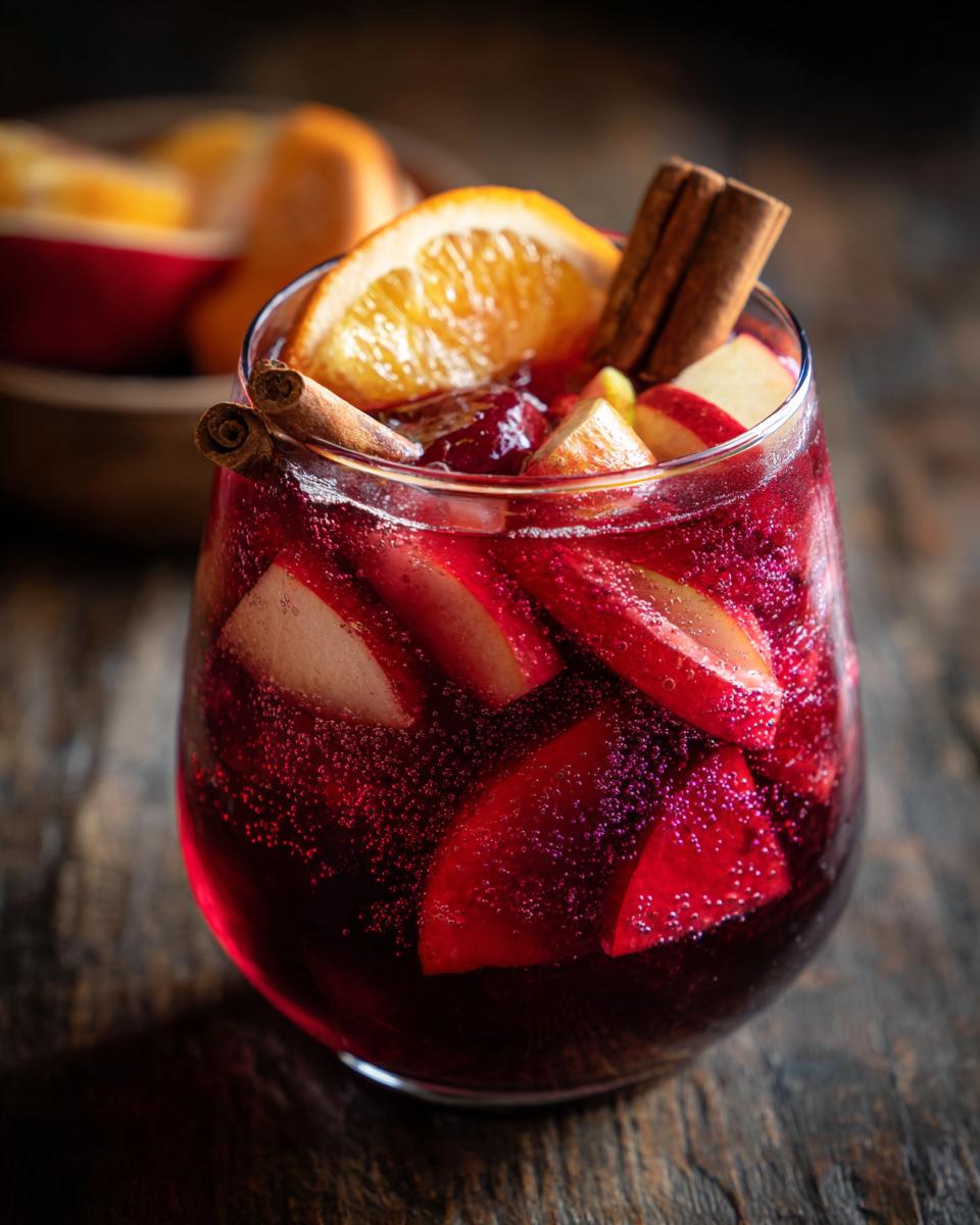 A glass of red fall sangria filled with apple slices, cranberries, orange, and cinnamon sticks.