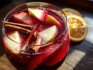 Close-up of a glass of fall sangria filled with red wine, apple slices, and cinnamon sticks, with orange slices blurred in the background.