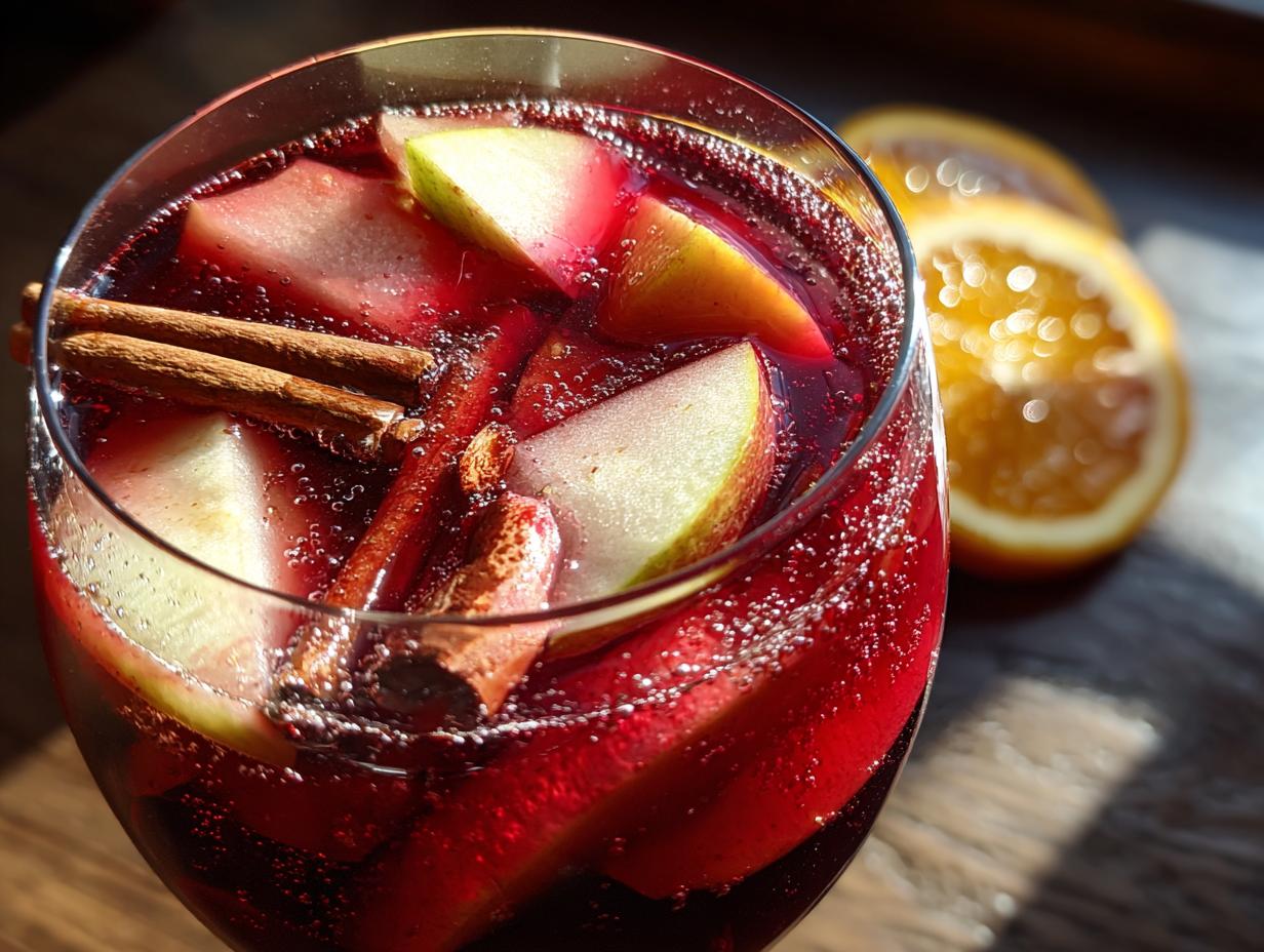 Close-up of a glass of fall sangria filled with red wine, apple slices, and cinnamon sticks, with orange slices blurred in the background.