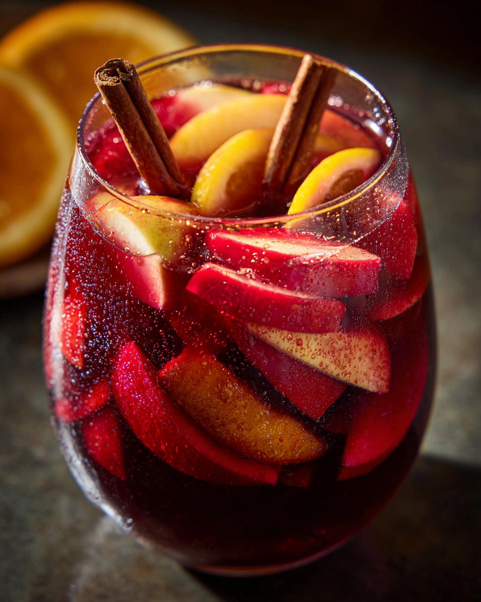 Close-up of a glass filled with red Fall Sangria, featuring slices of apples, oranges, and cinnamon sticks.