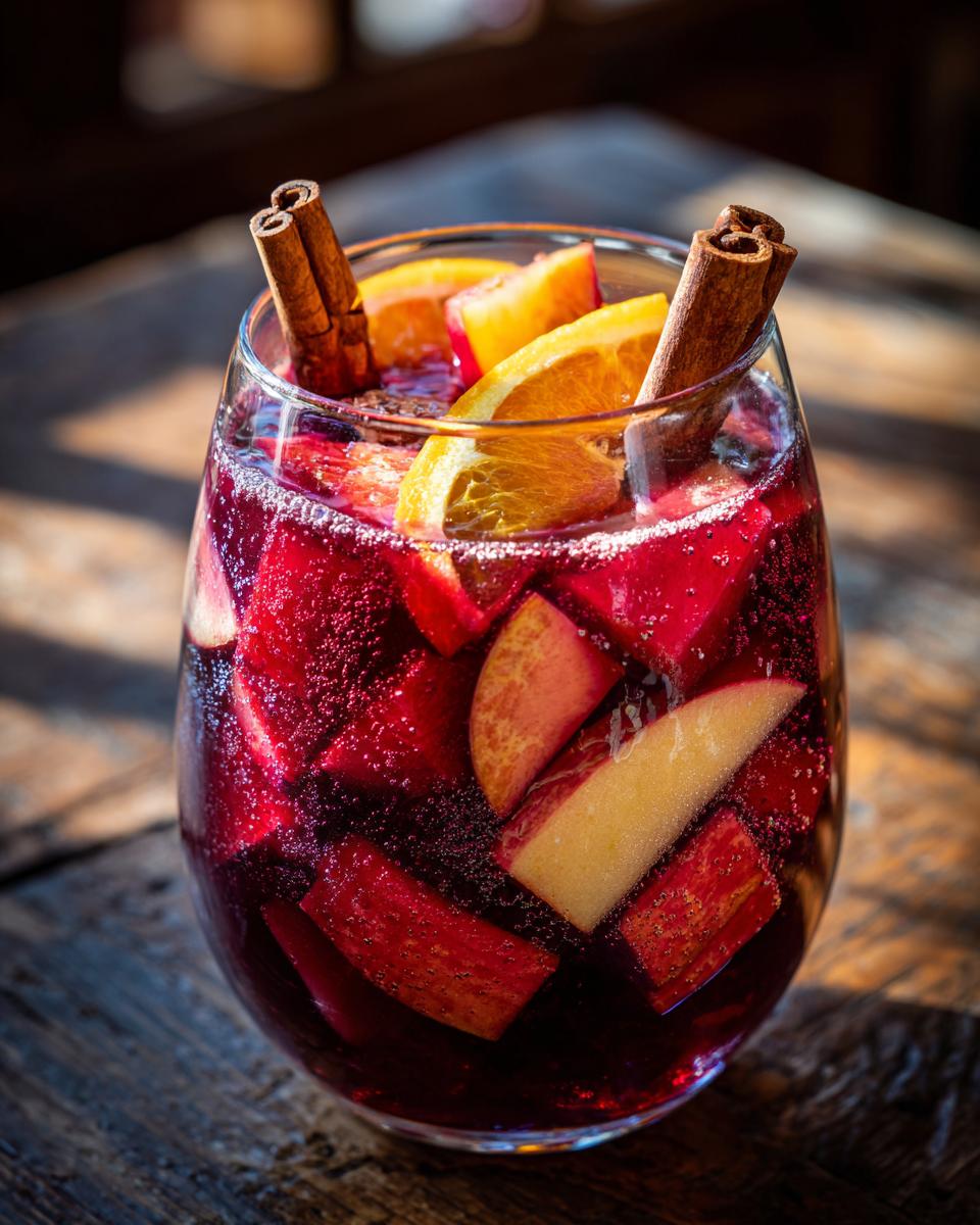 A close-up of a glass of fall sangria filled with red wine, sliced oranges, apples, and cinnamon sticks.