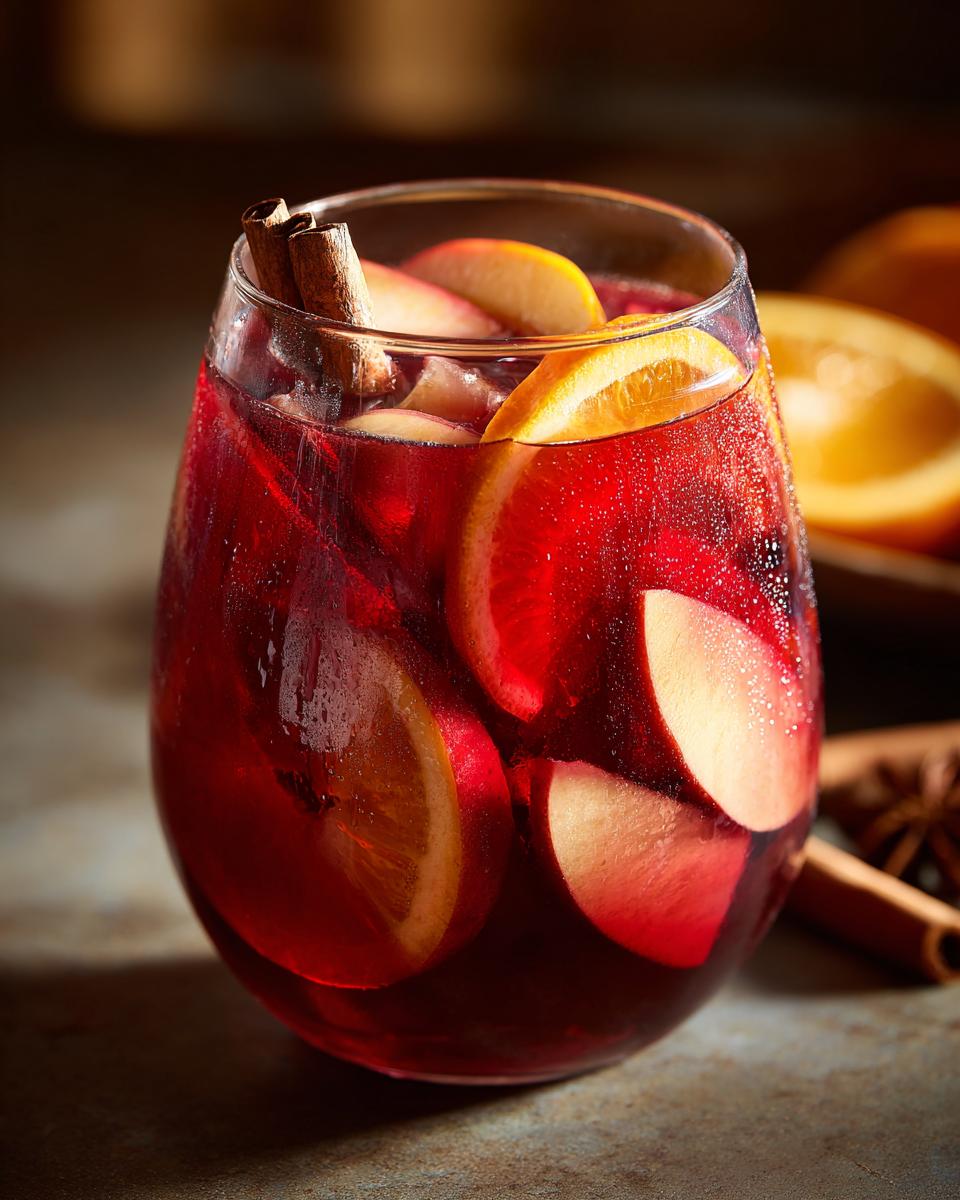 A close-up of a glass filled with red fall sangria, featuring slices of apple, orange, and cinnamon sticks.