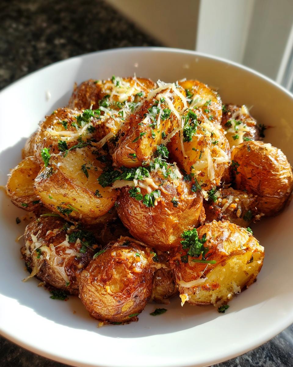 A bowl of crispy, golden French onion potatoes topped with shredded cheese and fresh parsley.