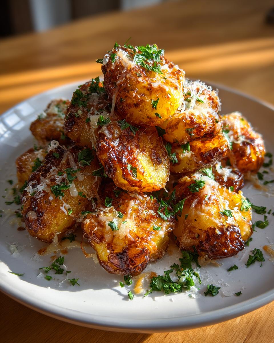 A close-up of a pile of crispy, golden French onion potatoes topped with melted cheese and fresh parsley.