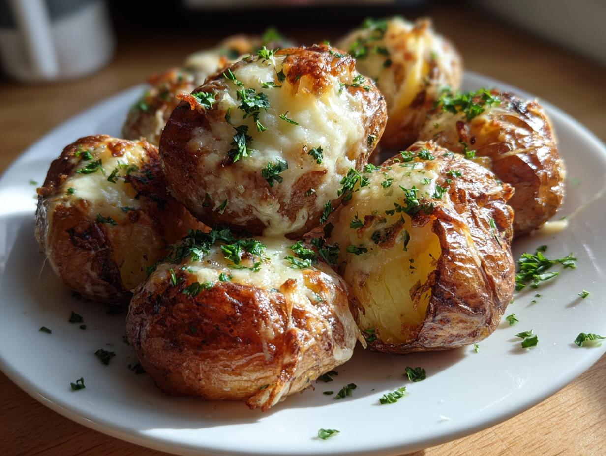 A close-up shot of golden-brown French onion potatoes topped with melted cheese and fresh parsley.