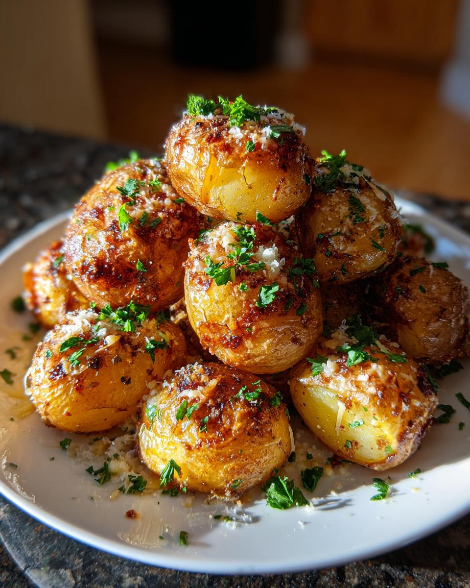 A stack of golden brown French onion potatoes, topped with grated cheese and fresh parsley.