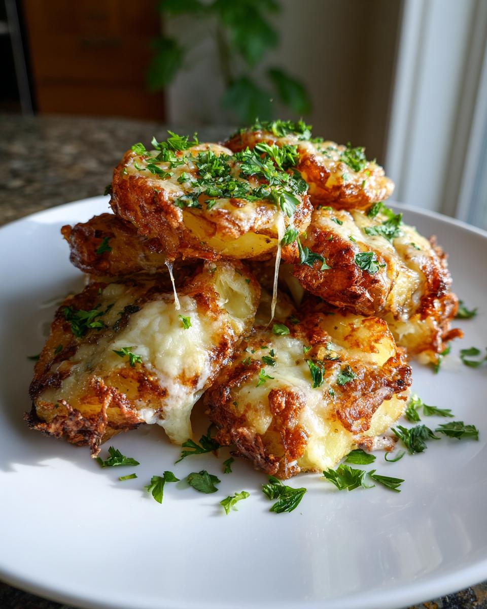 A stack of crispy French onion potatoes topped with melted cheese and fresh parsley.