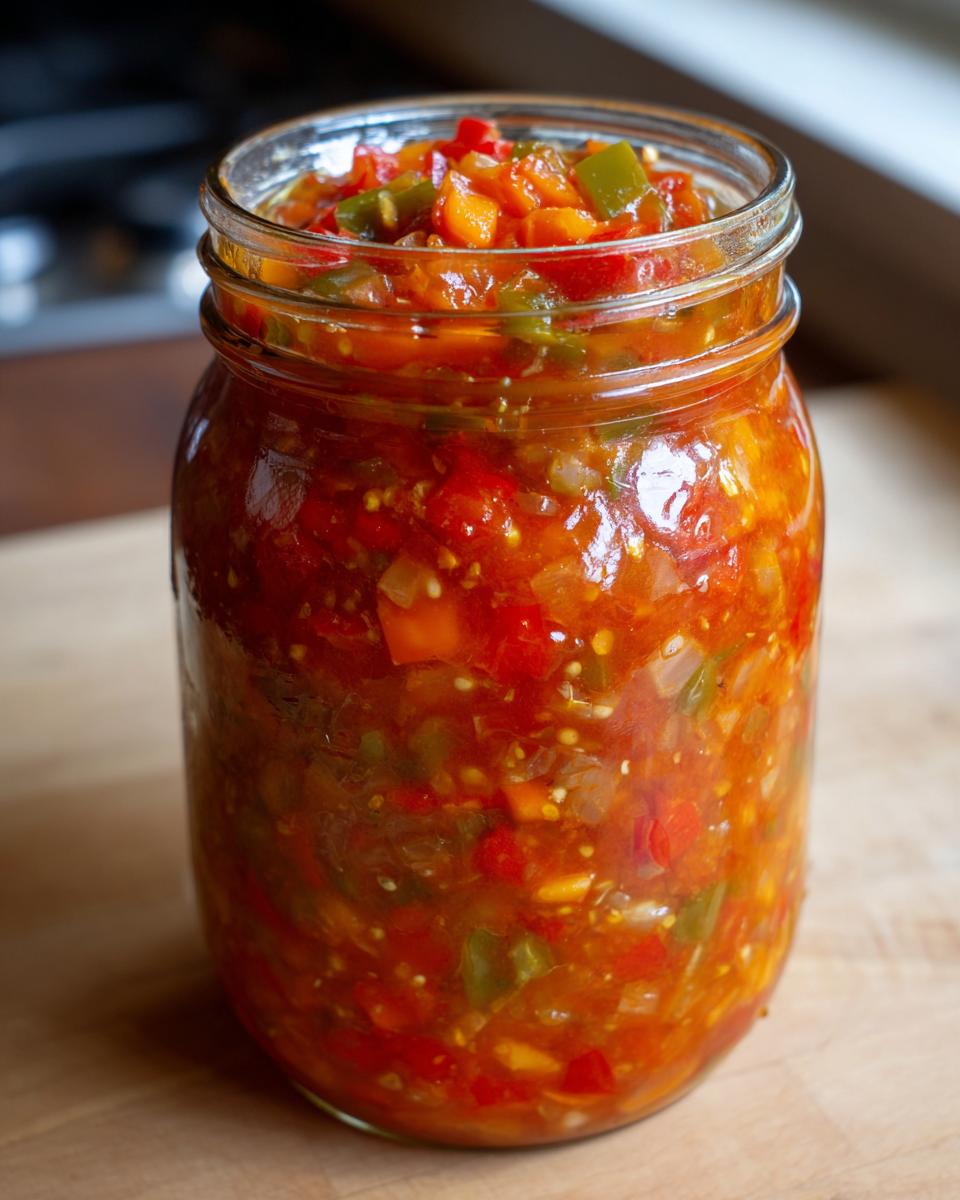 A full glass jar of vibrant fresh tomato canned salsa, packed with diced tomatoes, peppers, and onions.