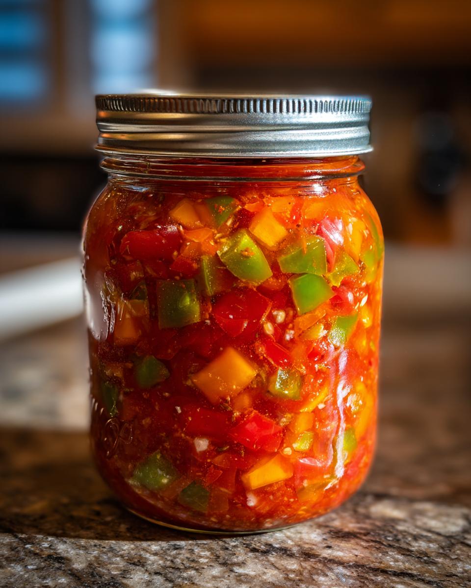 A close-up of a glass jar filled with vibrant fresh tomato canned salsa, showing diced tomatoes, peppers, and spices.