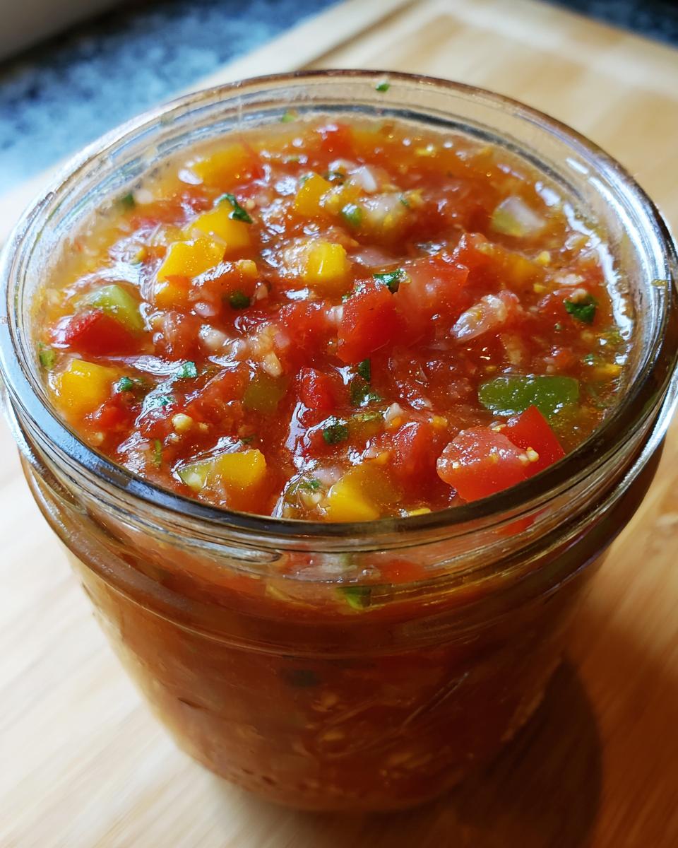 Close-up of a glass jar filled with vibrant Fresh Tomato Canned Salsa, showing chunks of tomatoes, peppers, and herbs.
