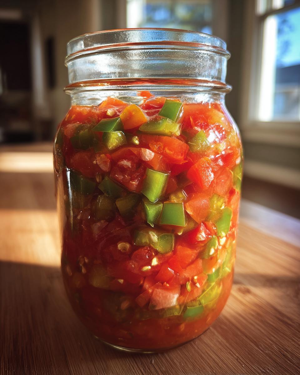 A close-up of a glass jar filled with vibrant fresh tomato canned salsa, featuring chopped tomatoes and green peppers.
