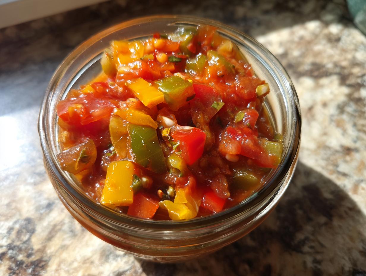 A close-up of a glass jar filled with vibrant fresh tomato canned salsa, featuring chopped tomatoes, peppers, and onions.
