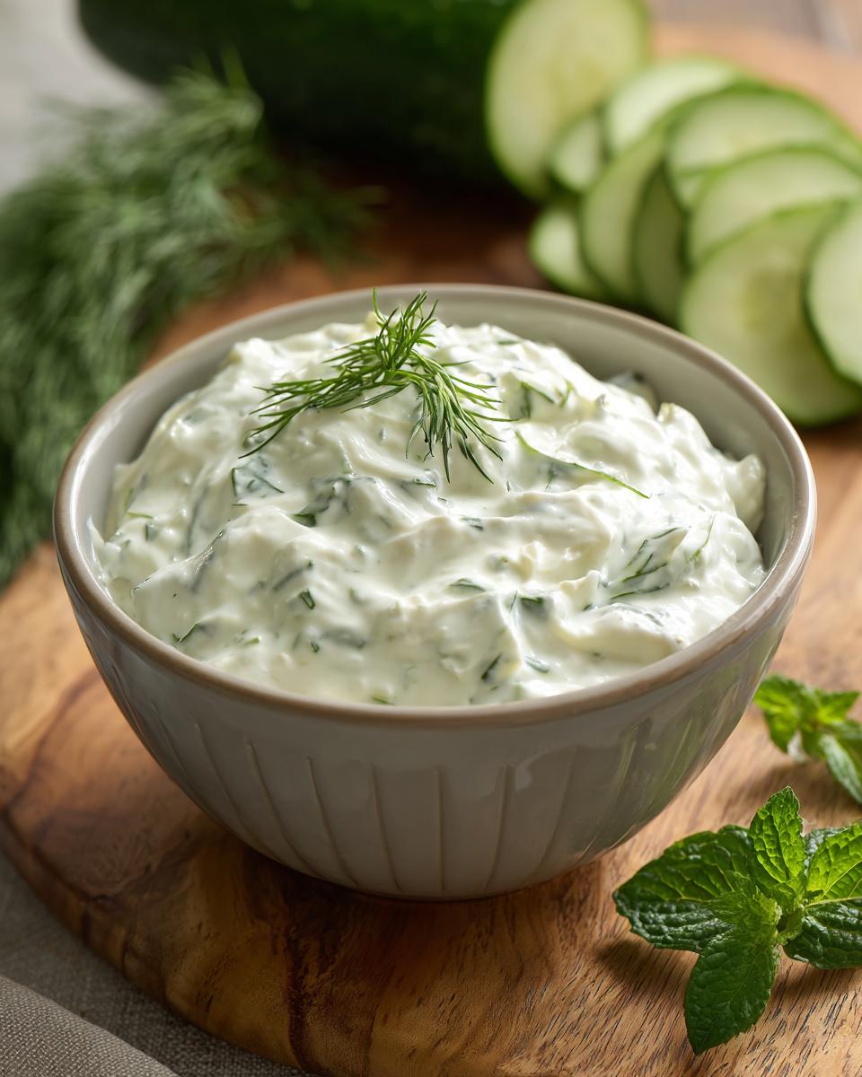 A close-up of creamy Tzatziki sauce in a bowl, garnished with fresh dill, with sliced cucumbers and mint in the background.