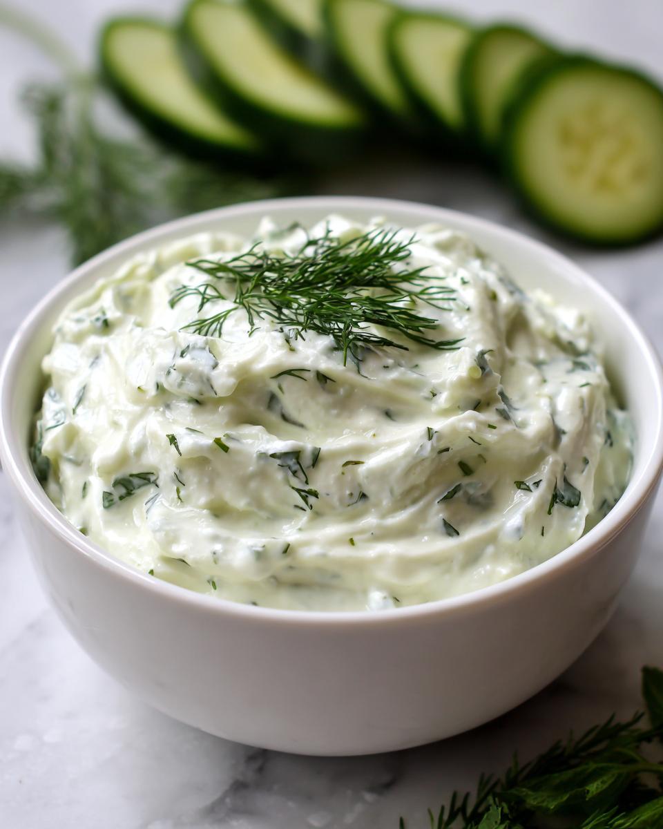 A white bowl filled with creamy Tzatziki sauce, garnished with fresh dill, with cucumber slices in the background.