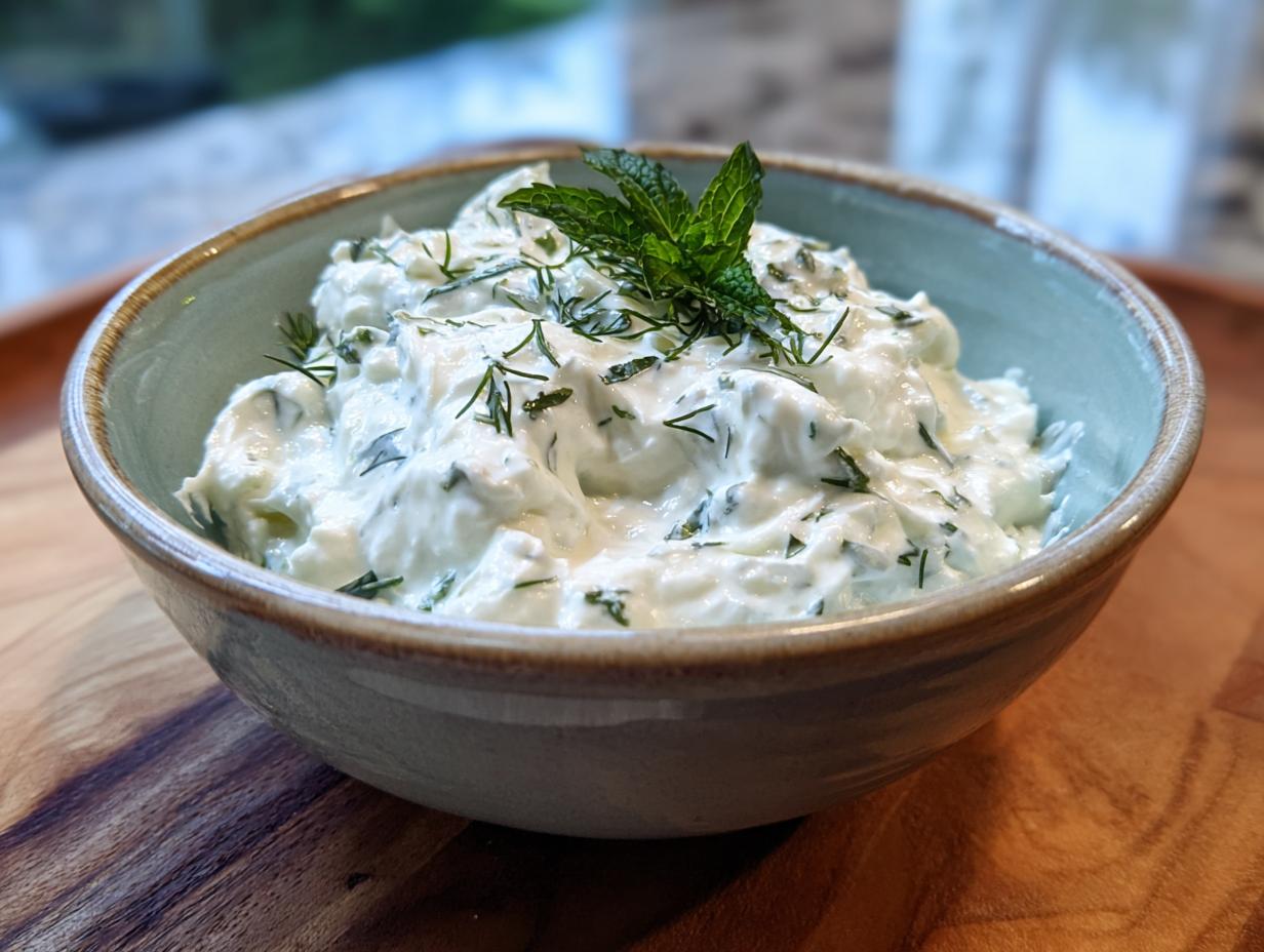 A close-up of creamy Tzatziki sauce in a rustic bowl, garnished with fresh mint and dill.