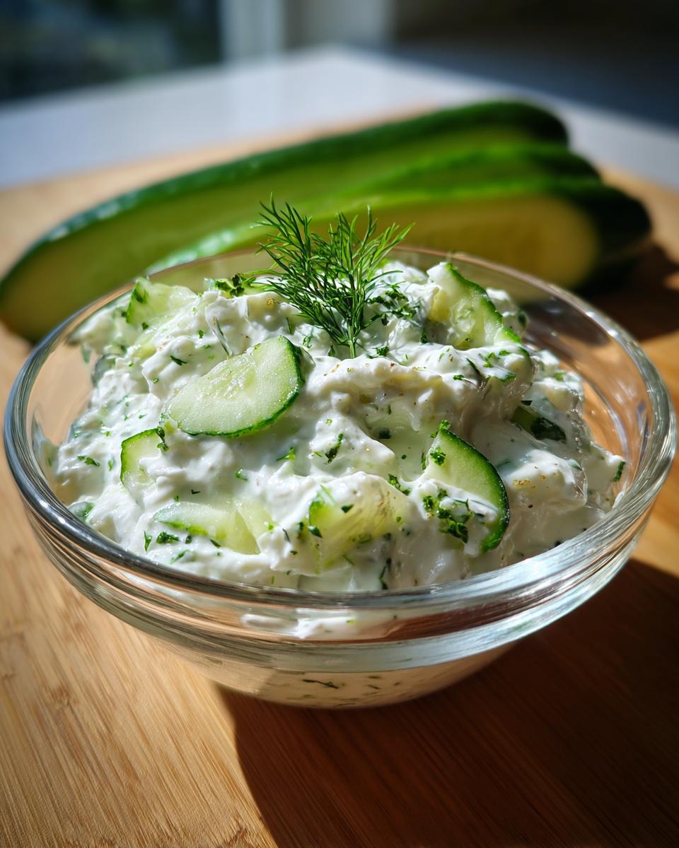 A close-up of creamy Tzatziki sauce in a glass bowl, topped with cucumber slices and fresh dill.