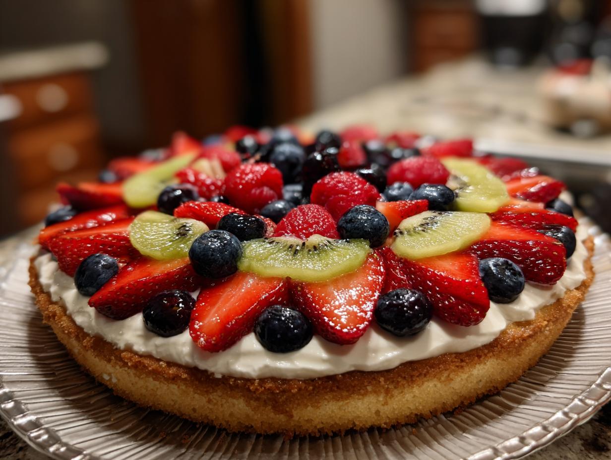 A vibrant fruit pizza sugar cookie topped with cream cheese frosting and fresh berries and kiwi slices.