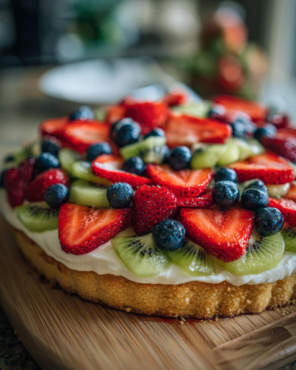 A vibrant fruit pizza sugar cookie topped with fresh strawberries, blueberries, and kiwi slices.