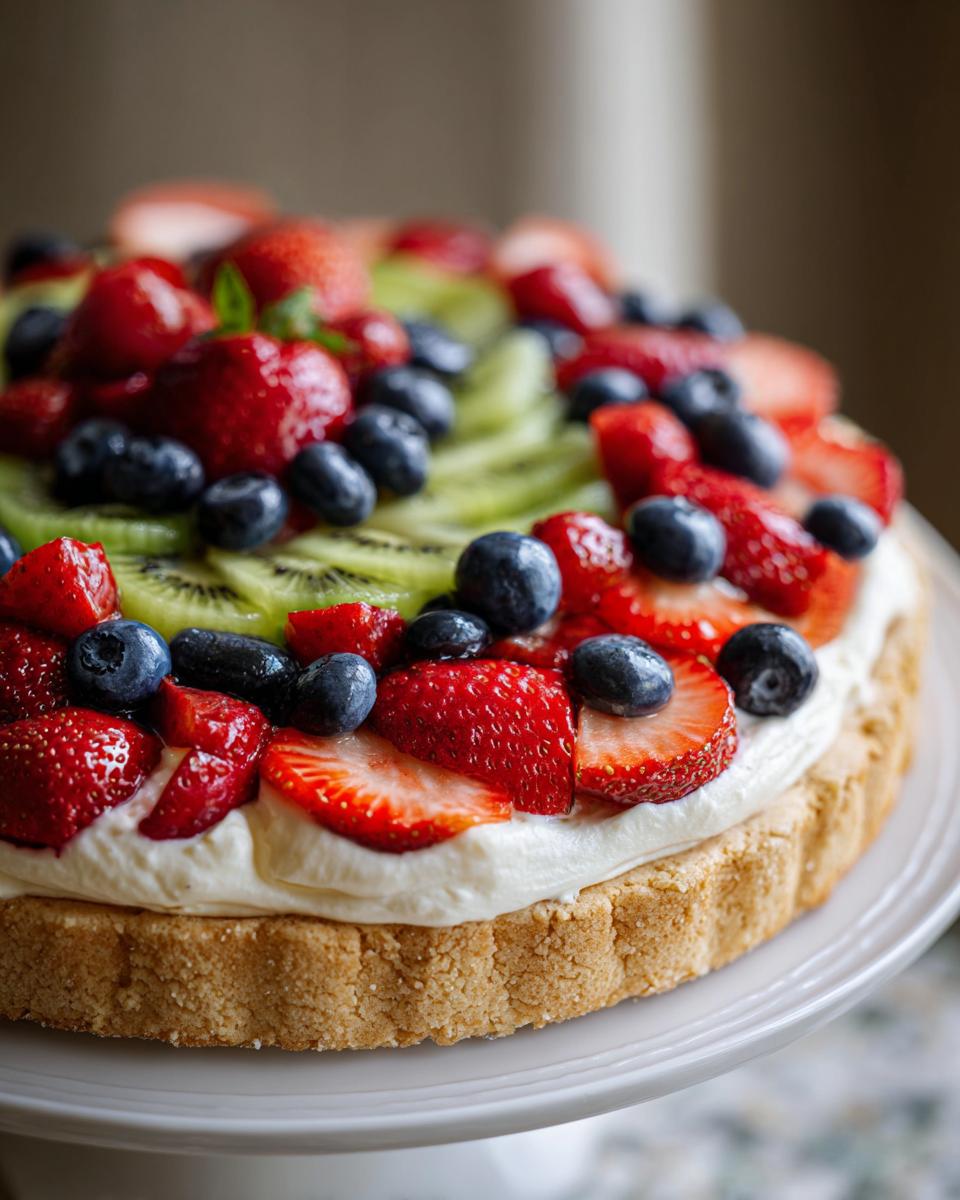 A vibrant fruit pizza sugar cookie topped with whipped cream, strawberries, blueberries, and kiwi slices.