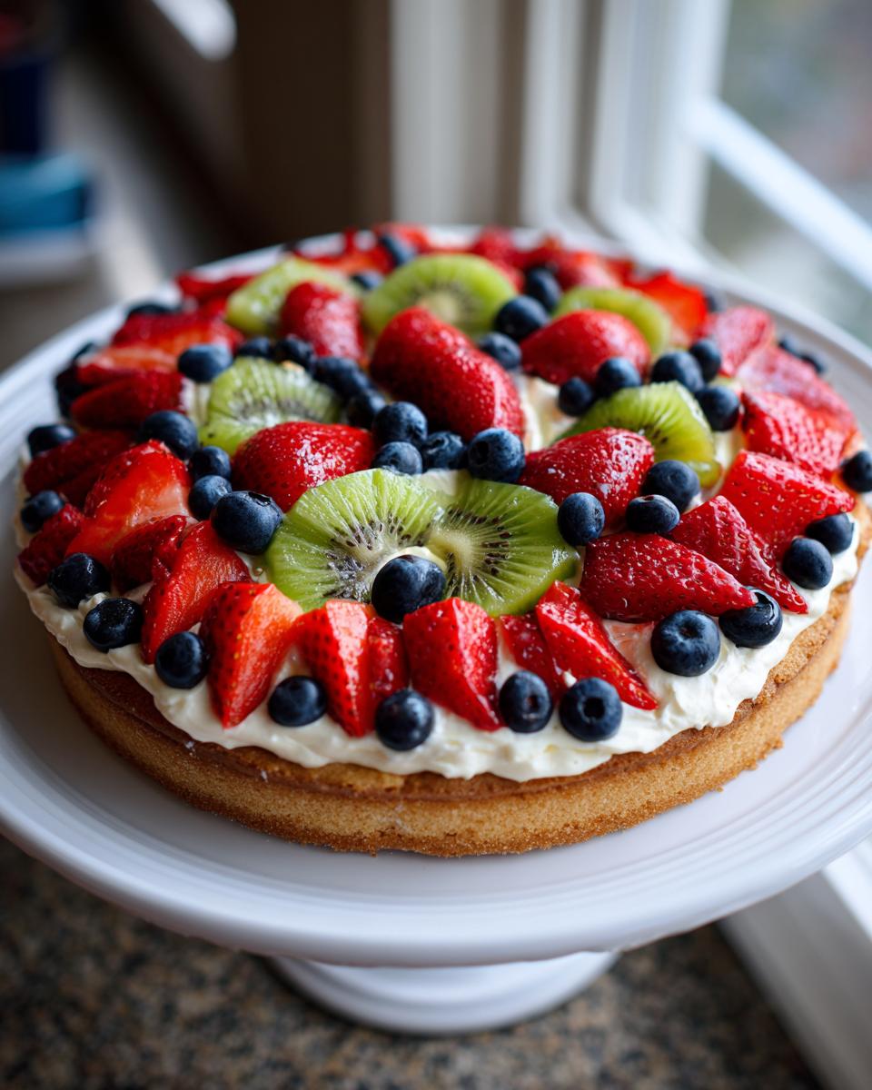 A vibrant fruit pizza sugar cookie topped with cream cheese frosting, strawberries, blueberries, and kiwi slices.