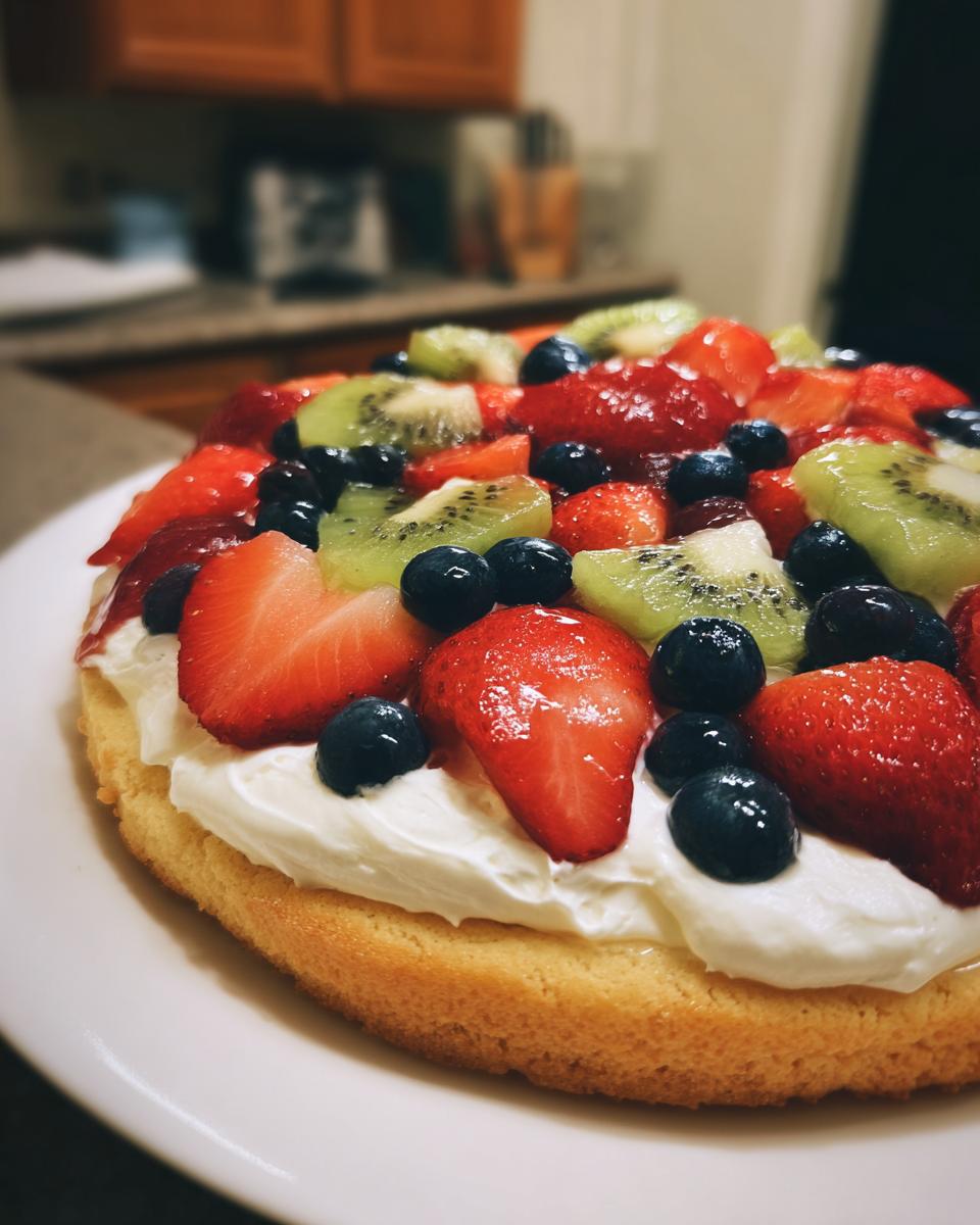 A vibrant fruit pizza sugar cookie topped with whipped cream and fresh strawberries, blueberries, and kiwi slices.