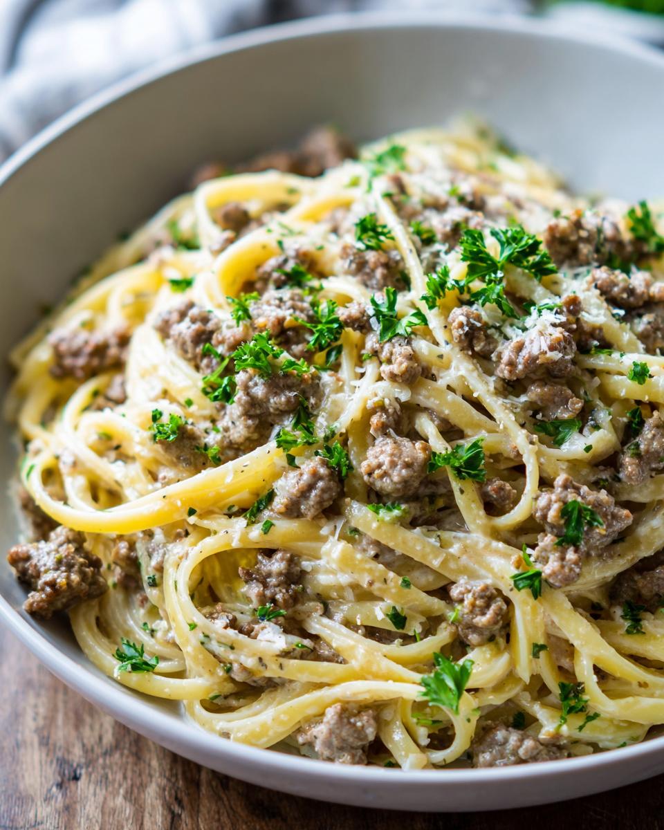 A close-up of a bowl of garlic butter beef linguine, topped with minced beef and fresh parsley.