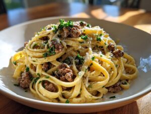 A close-up of a white bowl filled with garlic butter beef linguine, topped with chopped parsley and grated cheese.