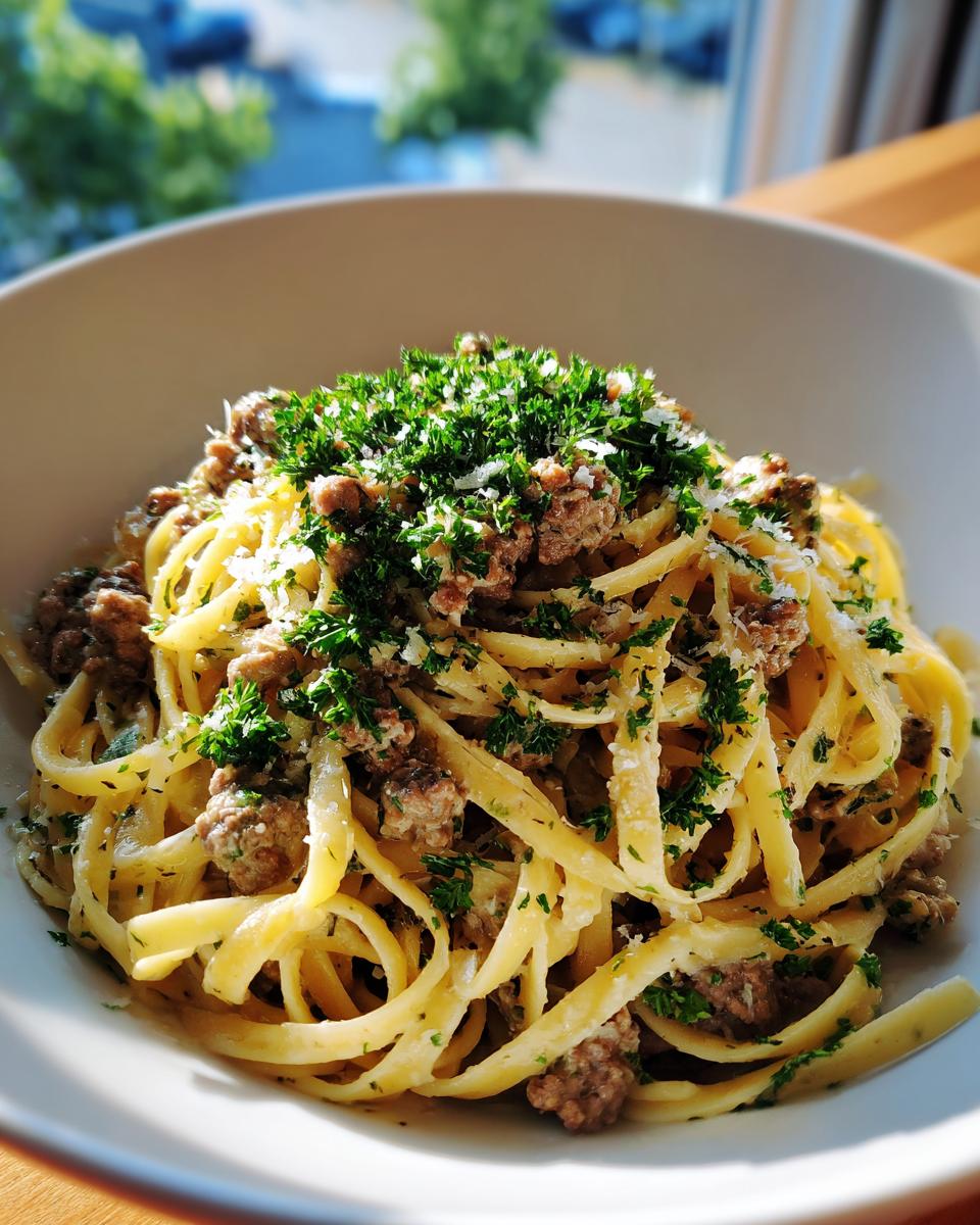 A close-up of a bowl of garlic butter beef linguine, topped with fresh parsley and grated cheese.