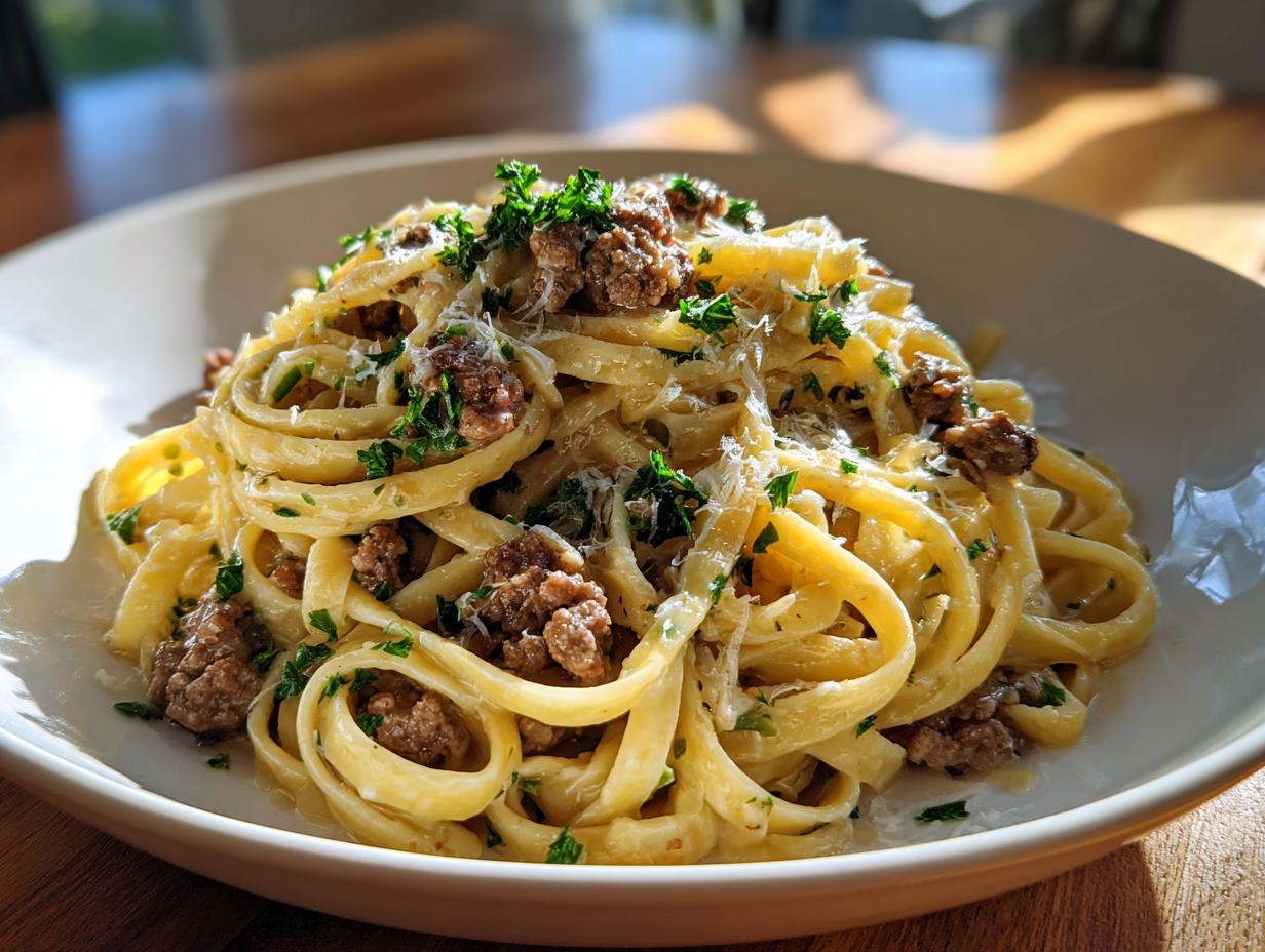 A close-up of a white bowl filled with garlic butter beef linguine, topped with chopped parsley and grated cheese.