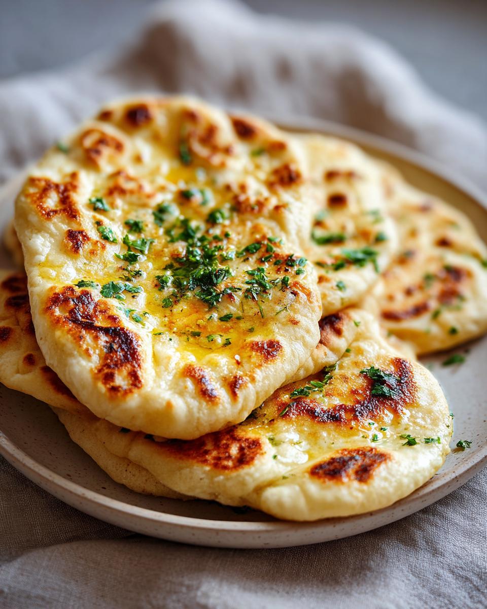 A stack of freshly baked garlic naan bread, brushed with butter and sprinkled with fresh parsley.