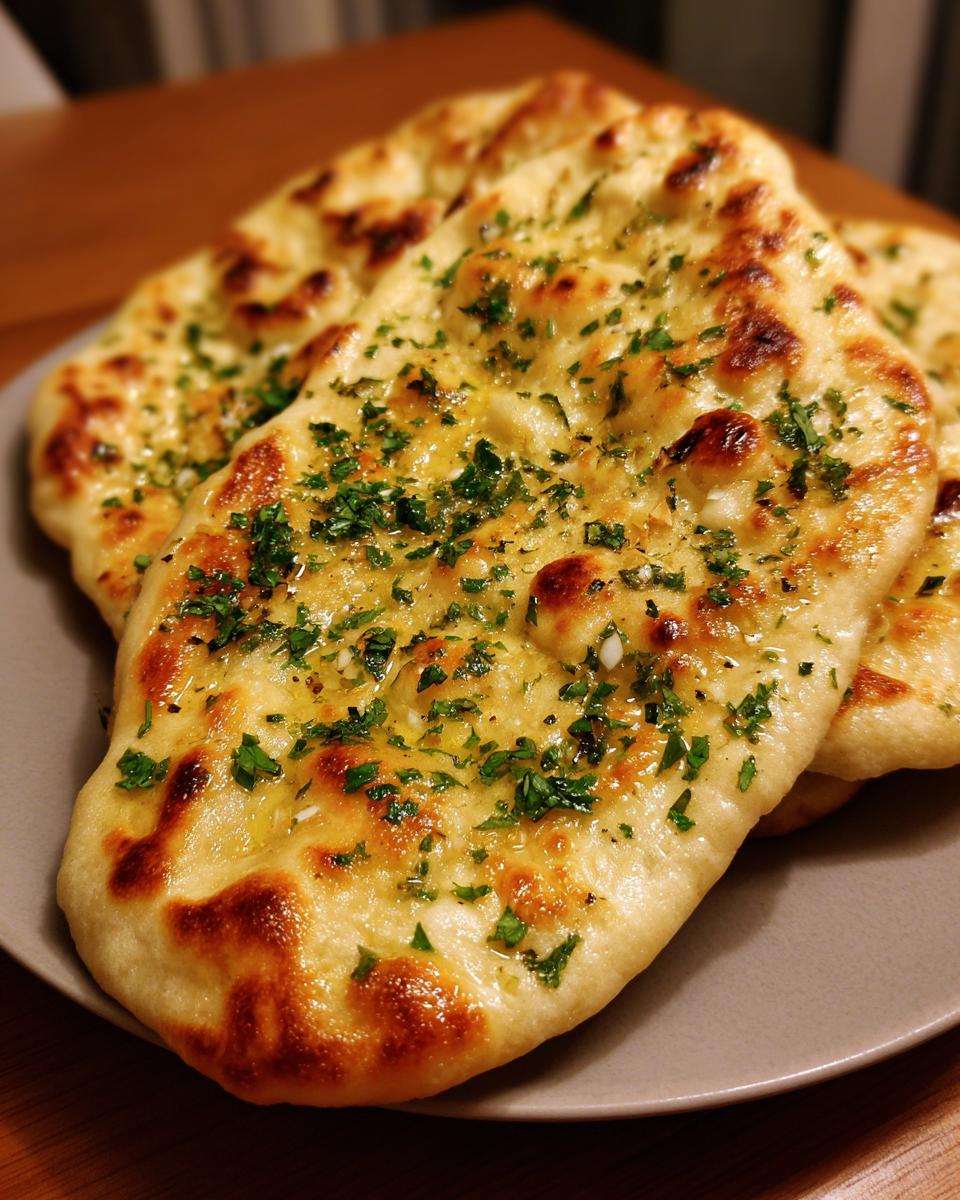 Close-up of freshly baked garlic naan bread, brushed with butter and sprinkled with chopped parsley.