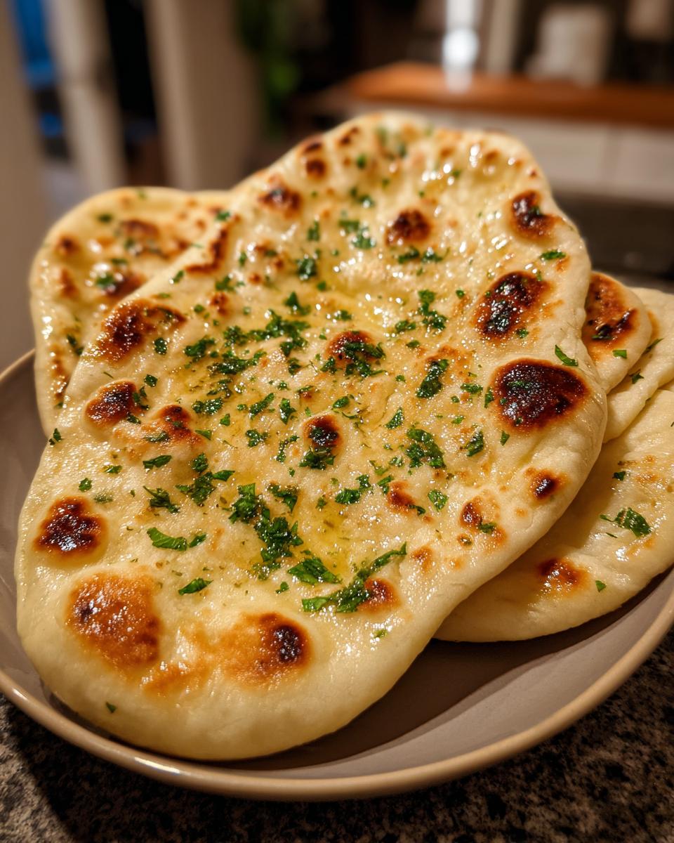 Close-up of golden-brown garlic naan bread topped with melted butter and fresh parsley, served on a plate.