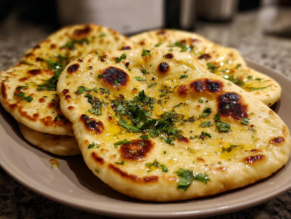 Close-up of fluffy, golden garlic naan bread topped with melted butter and fresh cilantro.