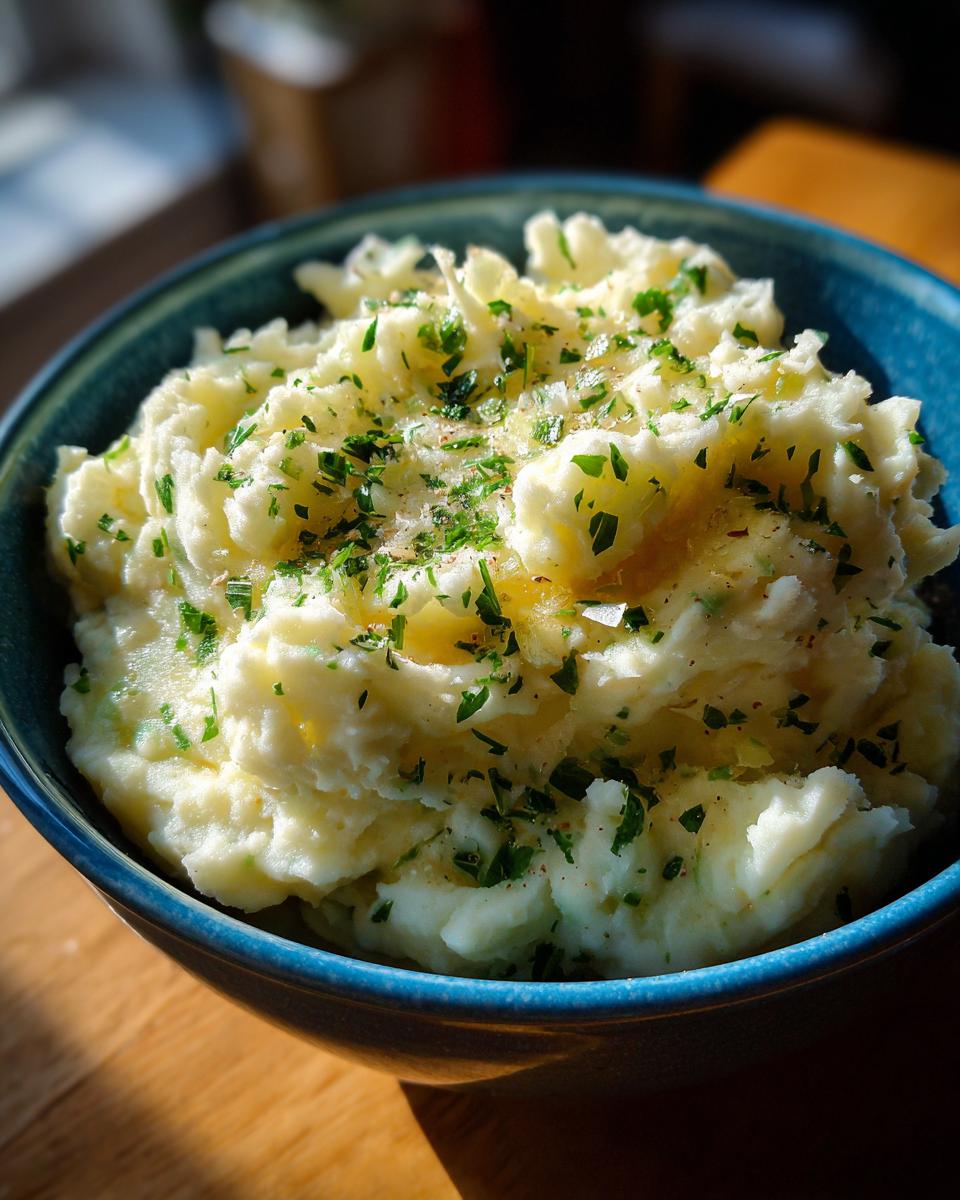 A close-up of a bowl of creamy garlic parmesan mashed potatoes, topped with melted butter and fresh parsley.