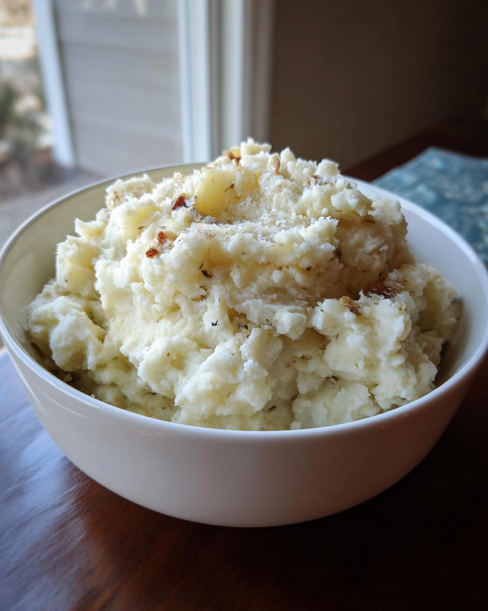 A bowl of fluffy garlic parmesan mashed potatoes topped with grated cheese and herbs.
