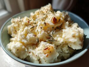 Close-up of creamy garlic parmesan mashed potatoes topped with herbs and spices in a light blue bowl.