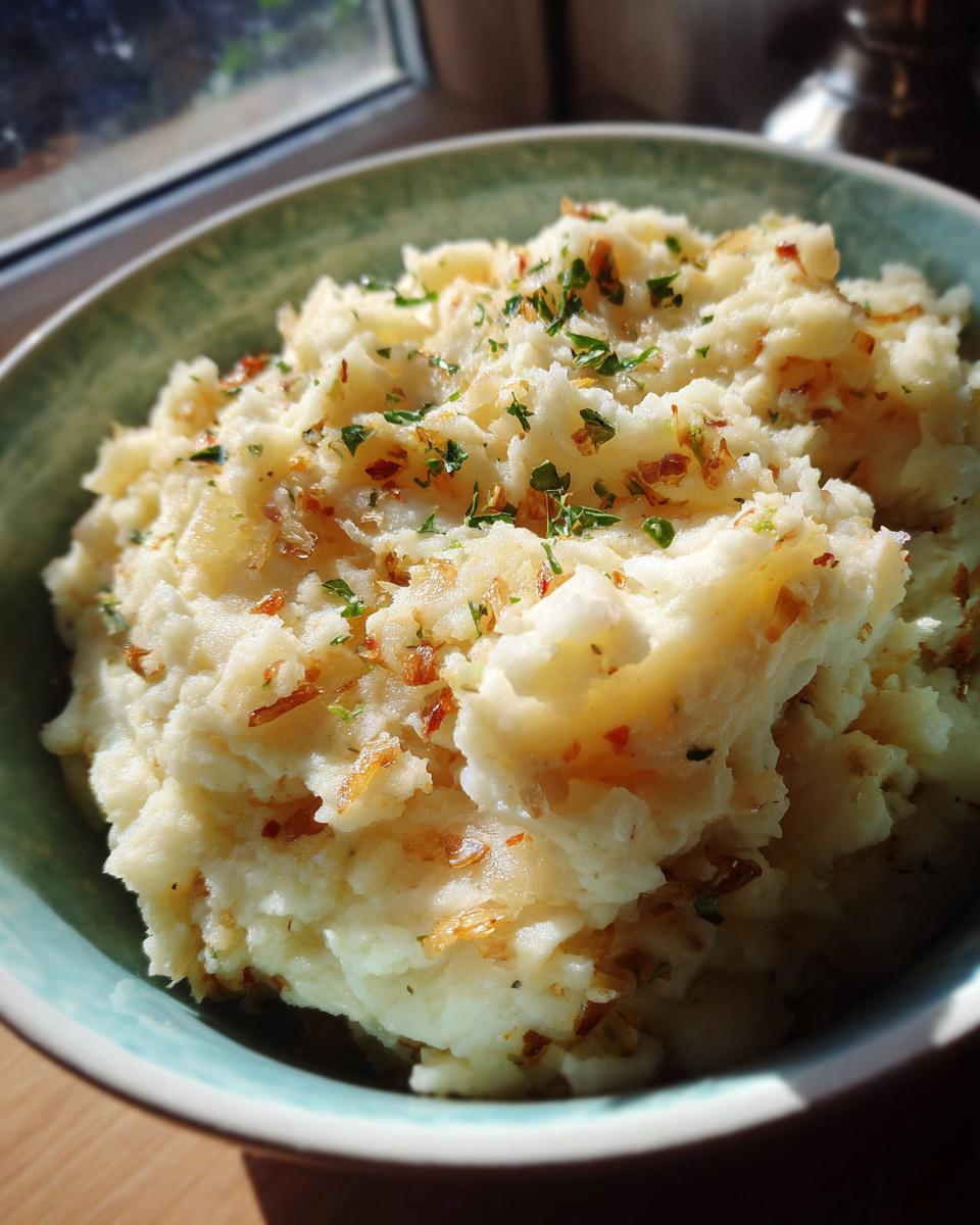 A close-up of creamy garlic parmesan mashed potatoes topped with herbs and crispy bits, served in a teal bowl.