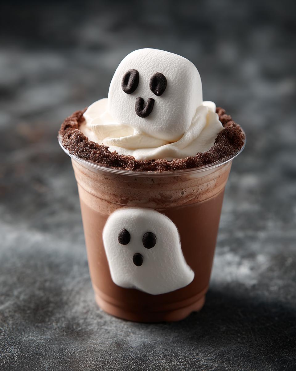 A spooky ghost chocolate milk drink topped with whipped cream and a marshmallow ghost.