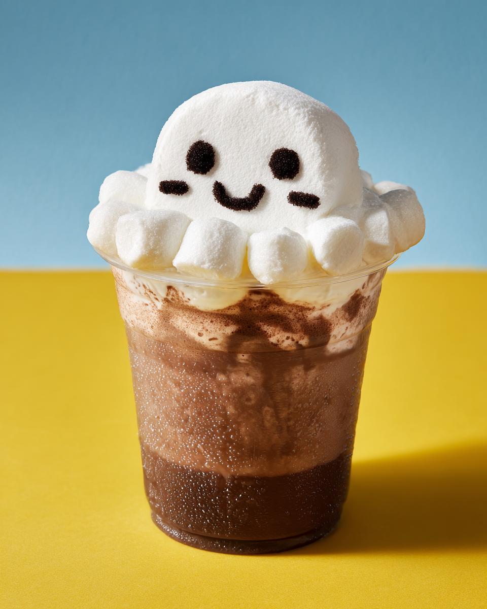 A fun ghost chocolate milk drink topped with marshmallows decorated like a ghost face.